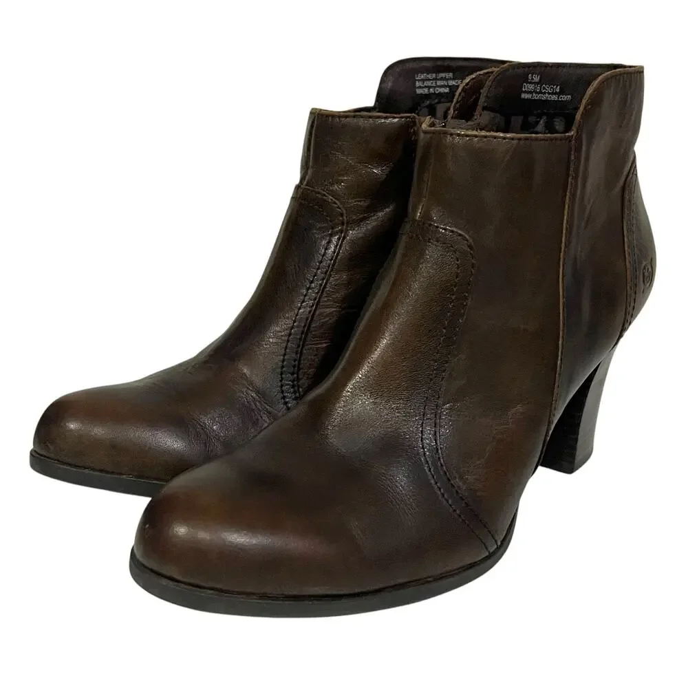 Born Brown Leather Boots Booties Block Heel Ankle‎ Claire Womens Size 9.5 M